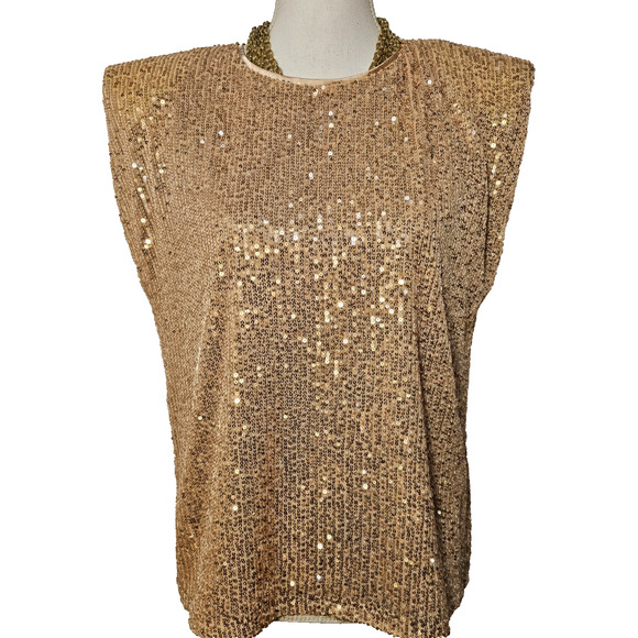 Entro Womens M Gold Sequin Party Top Cap Sleeve New Years Round Neck Relaxed Fit - Picture 1 of 5